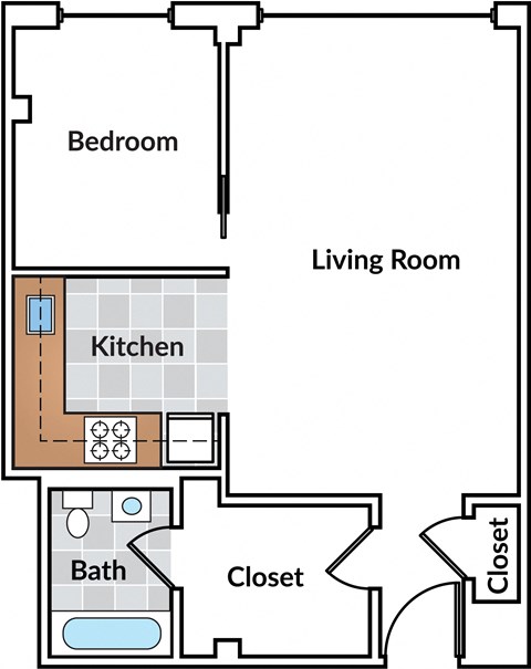 Floor plan for 1 bed, 1 bath, 556 sqft