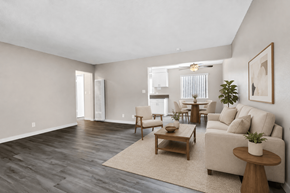 Hawthorne apartment for rent - A living room with a couch, chairs, and a coffee table.
