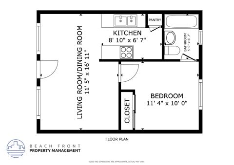 Floor plan for 1 bed, 1 bath, 407 sqft