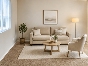 Wilmington apartment for rent - A living room with a beige couch, a wooden coffee table, and a plant.