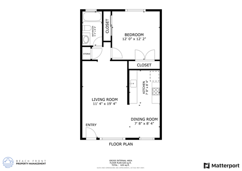 Floor plan for 1 bed, 1 bath, 750 sqft