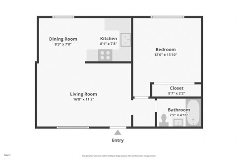 Floor plan for 1 bed, 1 bath