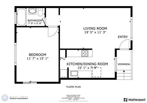 Floor plan for 1 bed, 1 bath
