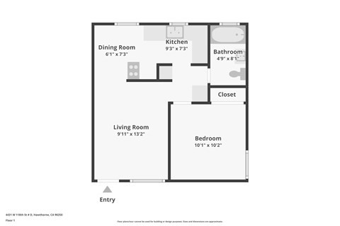 Floor plan for 1 bed, 1 bath