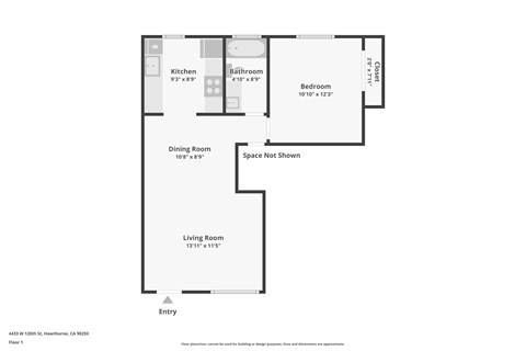 Floor plan for 1 bed, 1 bath