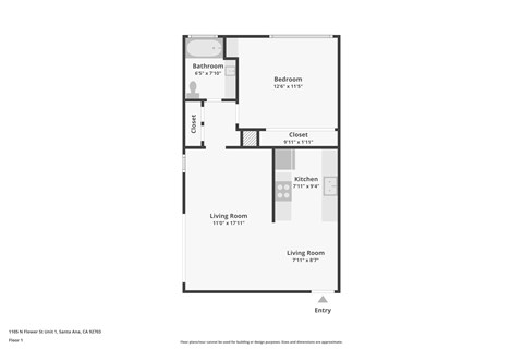 Floor plan for 1 bed, 1 bath