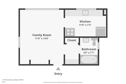 Floor plan for studio, 1 bath