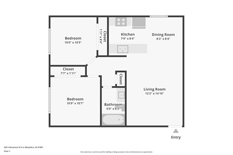 Floor plan for 2 beds, 1 bath, 700 sqft
