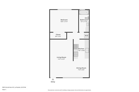 Floor plan for 1 bed, 1 bath