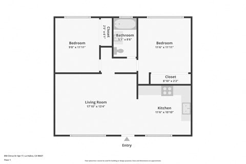 Floor plan for 2 beds, 1 bath, 850 sqft