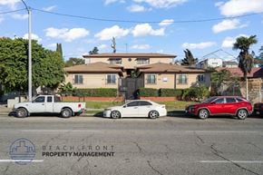 Monterey Park apartment for rent - A white car is parked in front of a house with a sign that says Beachfront Property Management.