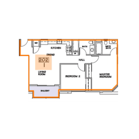 Floor plan for 2 beds, 2 baths, 822 sqft