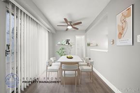 Hawthorne apartment for rent - A dining room with a table set for six with a plant on the table and a framed picture on the wall.