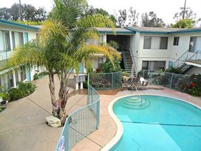 Gardena apartment for rent - an aerial view of a pool in front of a house