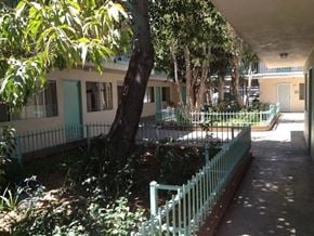 Wilmington apartment for rent - an outside view of a building with a tree and a white fence