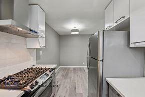 Los Angeles apartment for rent - A modern kitchen with a stove, refrigerator, and cabinets.