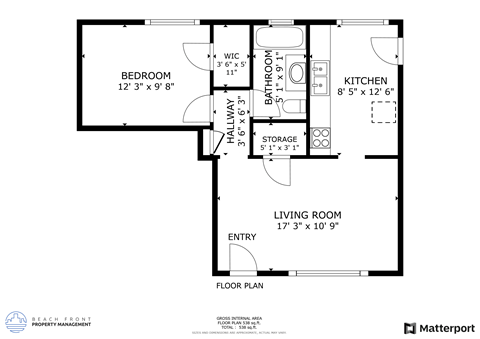 Floor plan for 1 bed, 1 bath
