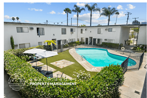 Downey apartment for rent - an aerial view of a pool in front of a white building with palm trees
