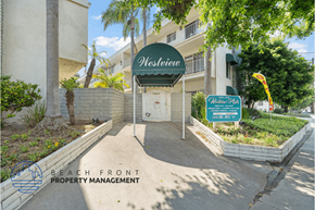 Redondo Beach apartment for rent - The entrance to a building named Westview with a sign for Beach Front Property Management.