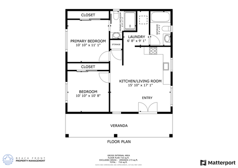 Floor plan for 2 beds, 1.5 baths, 1050 sqft