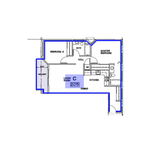 Floor plan for 2 beds, 2 baths, 917 sqft