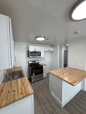 Santa Ana apartment for rent - A kitchen with a wooden counter top and a white fridge.