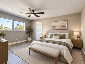 Redondo Beach apartment for rent - A bedroom with a large bed, a bench, and a ceiling fan.