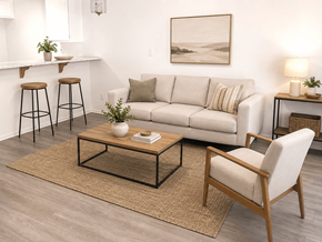 Torrance apartment for rent - A living room with a white couch, a coffee table, and a chair.