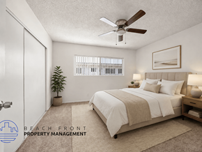 Inglewood apartment for rent - A bedroom with a bed, a ceiling fan, and a plant.