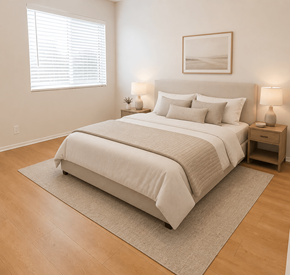 La Habra apartment for rent - A bedroom with a large bed and two lamps on the nightstands.