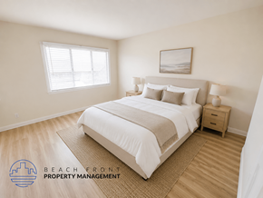 Pasadena apartment for rent - A bedroom with a large bed, a nightstand, and a window with blinds.