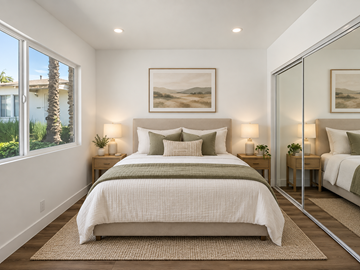 Inglewood apartment for rent - A bedroom with a large bed and a painting on the wall.