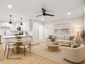 Long Beach apartment for rent - A well-lit, modern living room with a dining area and kitchen in the background.