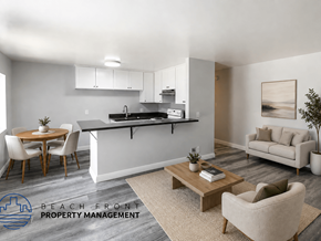 Long Beach apartment for rent - A modern living room with a dining area and a kitchen in the background.
