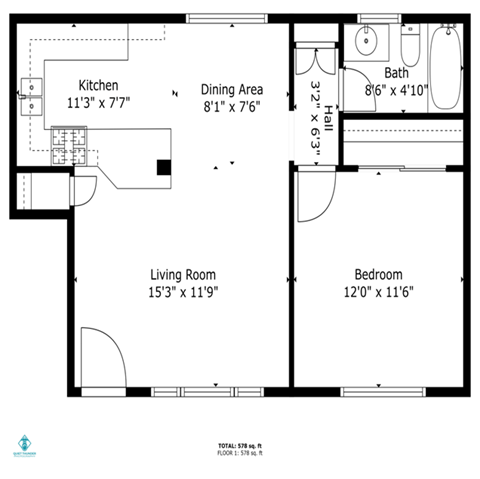 Floor plan for 1 bed, 1 bath, 578 sqft