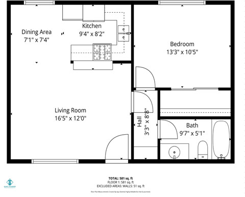 Floor plan for 1 bed, 1 bath, 632 sqft