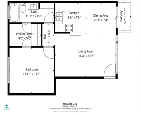 Floor plan for 1 bed, 1 bath, 635 sqft