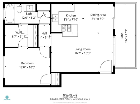Floor plan for 1 bed, 1 bath, 724 sqft