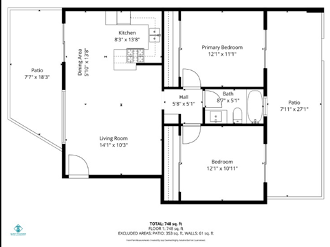 Floor plan for 2 beds, 1 bath, 1162 sqft