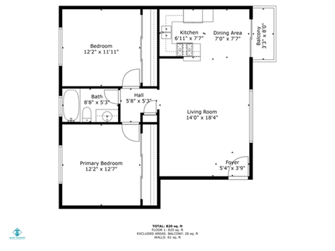 Floor plan for 2 beds, 1 bath, 907 sqft