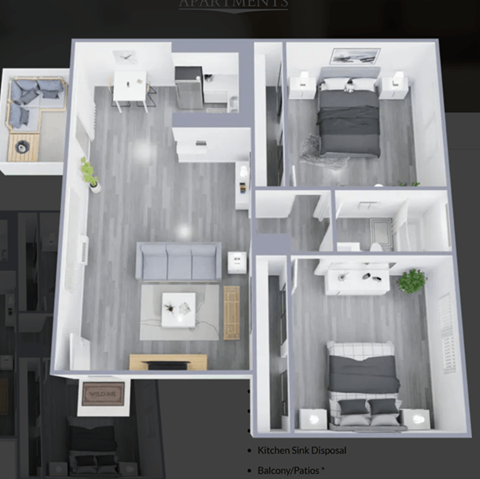 Floor plan for 2 beds, 1 bath, 907 sqft