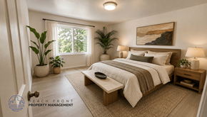 Downey apartment for rent - A well-lit bedroom with a large bed, a nightstand, and a window with a view of trees outside.