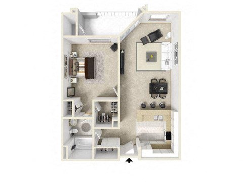 Floor plan for 1 bed, 1 bath, 667 sqft