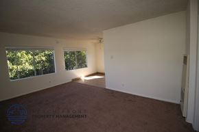 San Pedro apartment for rent - A room with carpet flooring and a window overlooking trees.