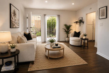 Downey apartment for rent - A well-lit living room with a white sofa, a coffee table, and a rug.