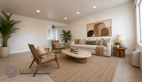 Downey apartment for rent - A living room with a couch, chairs, and a rug.