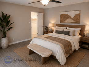 Downey apartment for rent - A bedroom with a large bed and a ceiling fan.