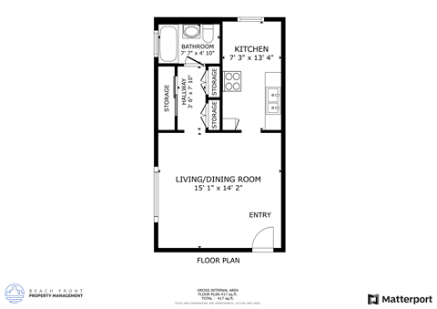 Floor plan for studio, 1 bath, 600 sqft