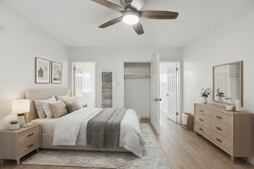 Hawthorne apartment for rent - A bedroom with a bed, dresser, and mirror.