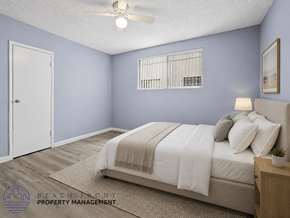 Gardena apartment for rent - A bedroom with a bed, pillows, a ceiling fan, and a window with blinds.